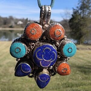 Lapis Lazuli, Turquoise, & Coral Tibetan Pendant (2.7") w/ Suede Cord (22")